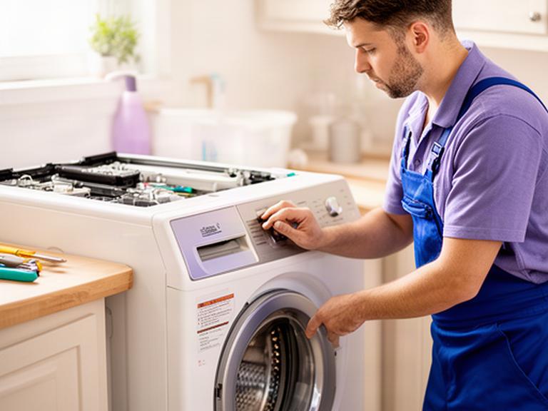 Técnico revisando una lavadora en una cocina doméstica luminosa