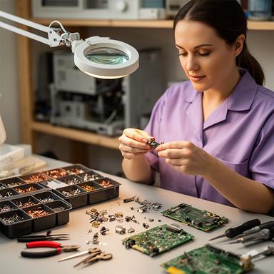 Técnica preparando piezas de repuesto para electrónica doméstica